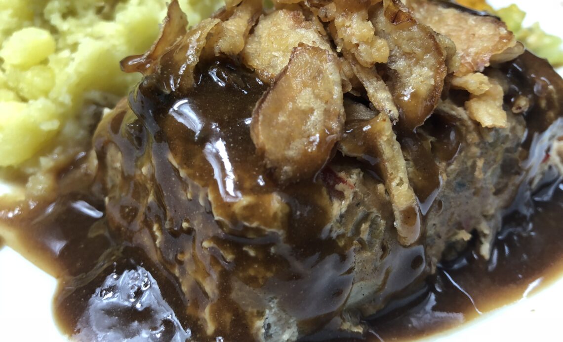 turkey meatloaf, mushroom gravy, crispy fried onions