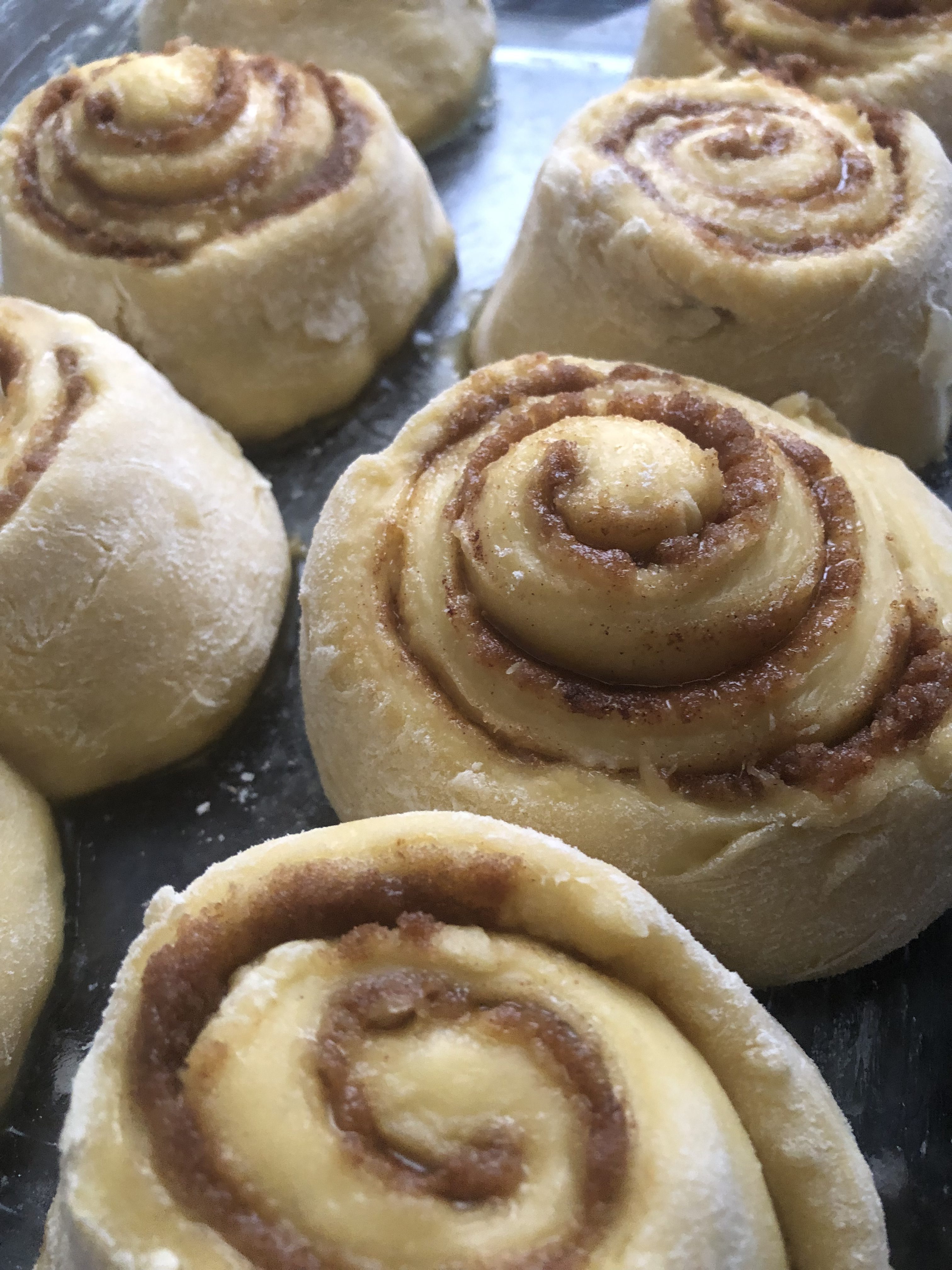 Homemade cinnamon rolls lined up in a glass pan and ready for baking.