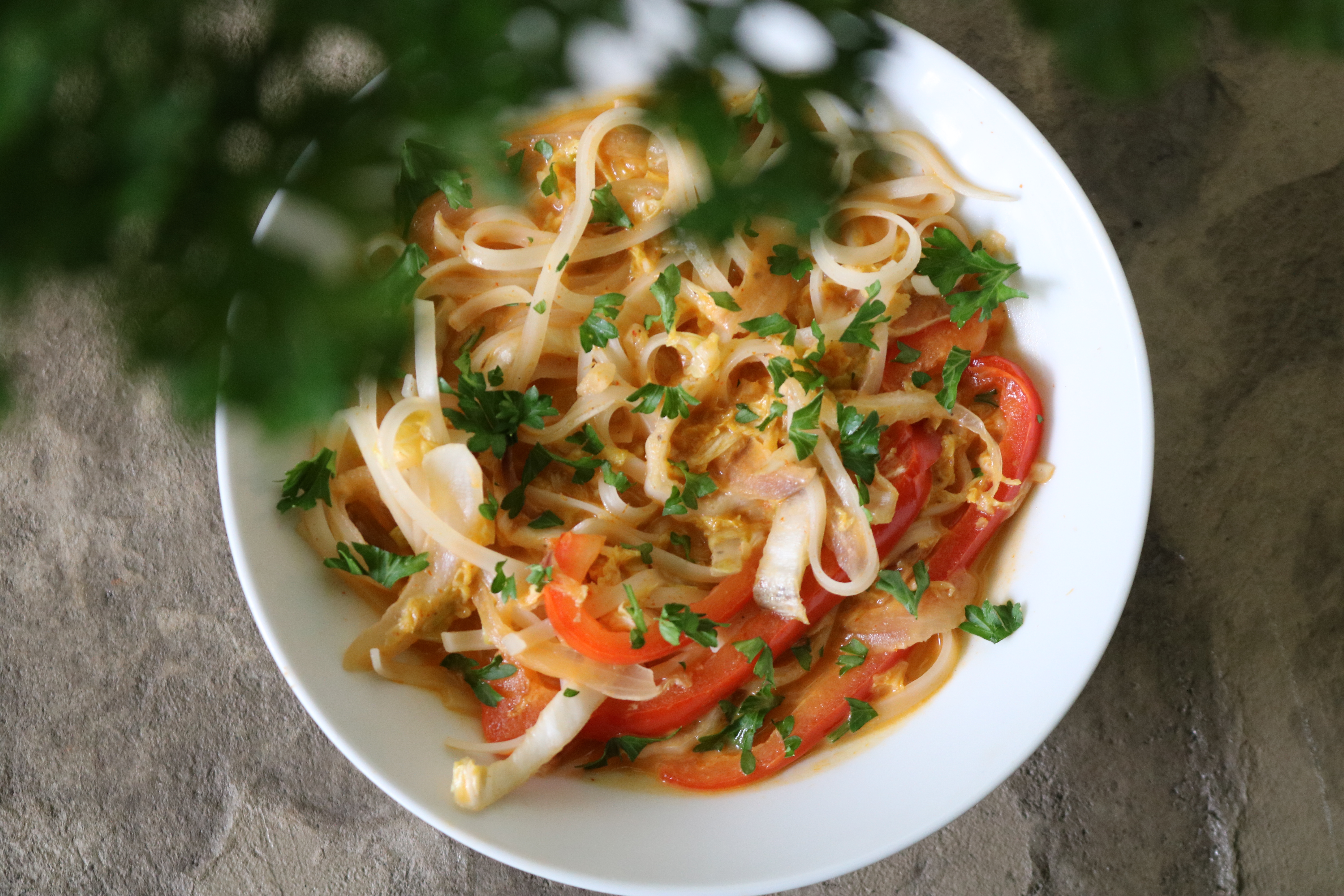 Bowl of rice noodles in a creamy red curry sauce mixed with napa cabbage, bell peppers, and onion.